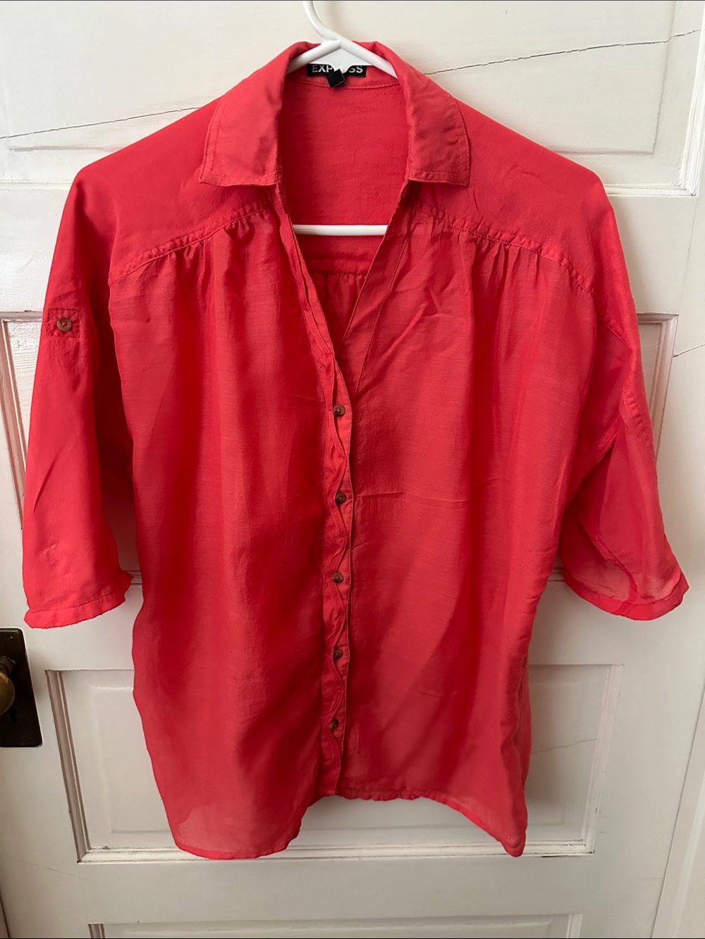 Express Coral Pink Casual Button Down Shirt Collar Short Roll-Tab Sleeve